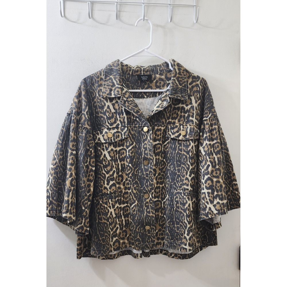VICI Leopard Print Denim Jacket Gold Buttons Puff Sleeve Medium ACJ50460